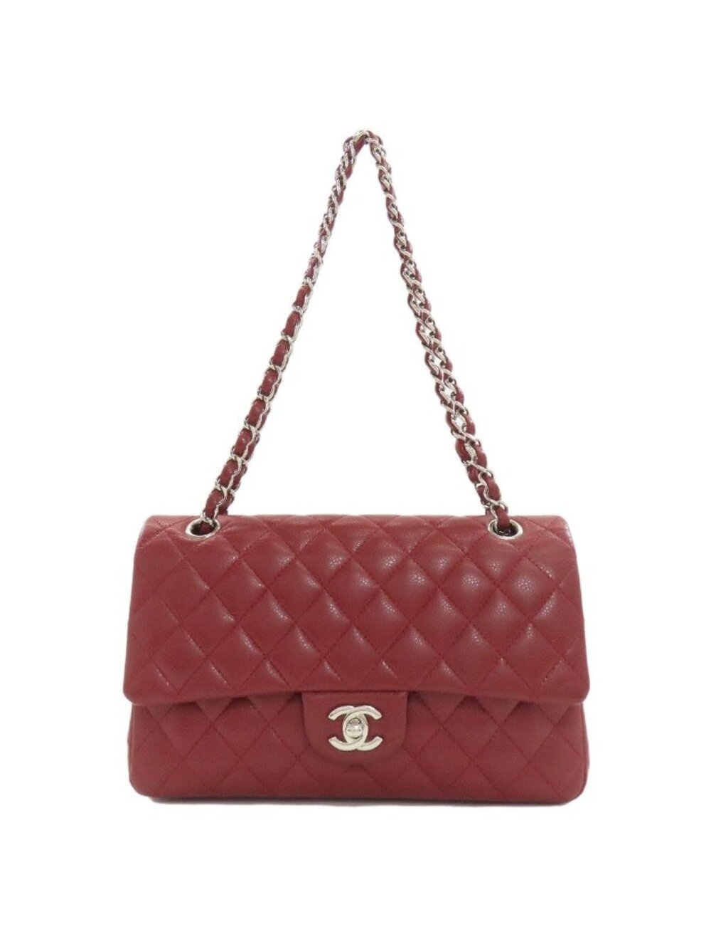 Chanel Quilted Double Flap Silver Shoulder Bag Grained Calfskin